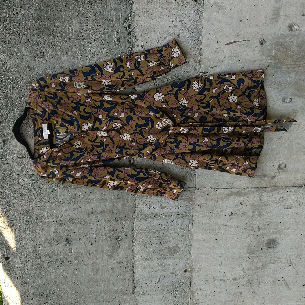 Ann Taylor Loft Olive Green Floral Long Sleeve Belted Dress